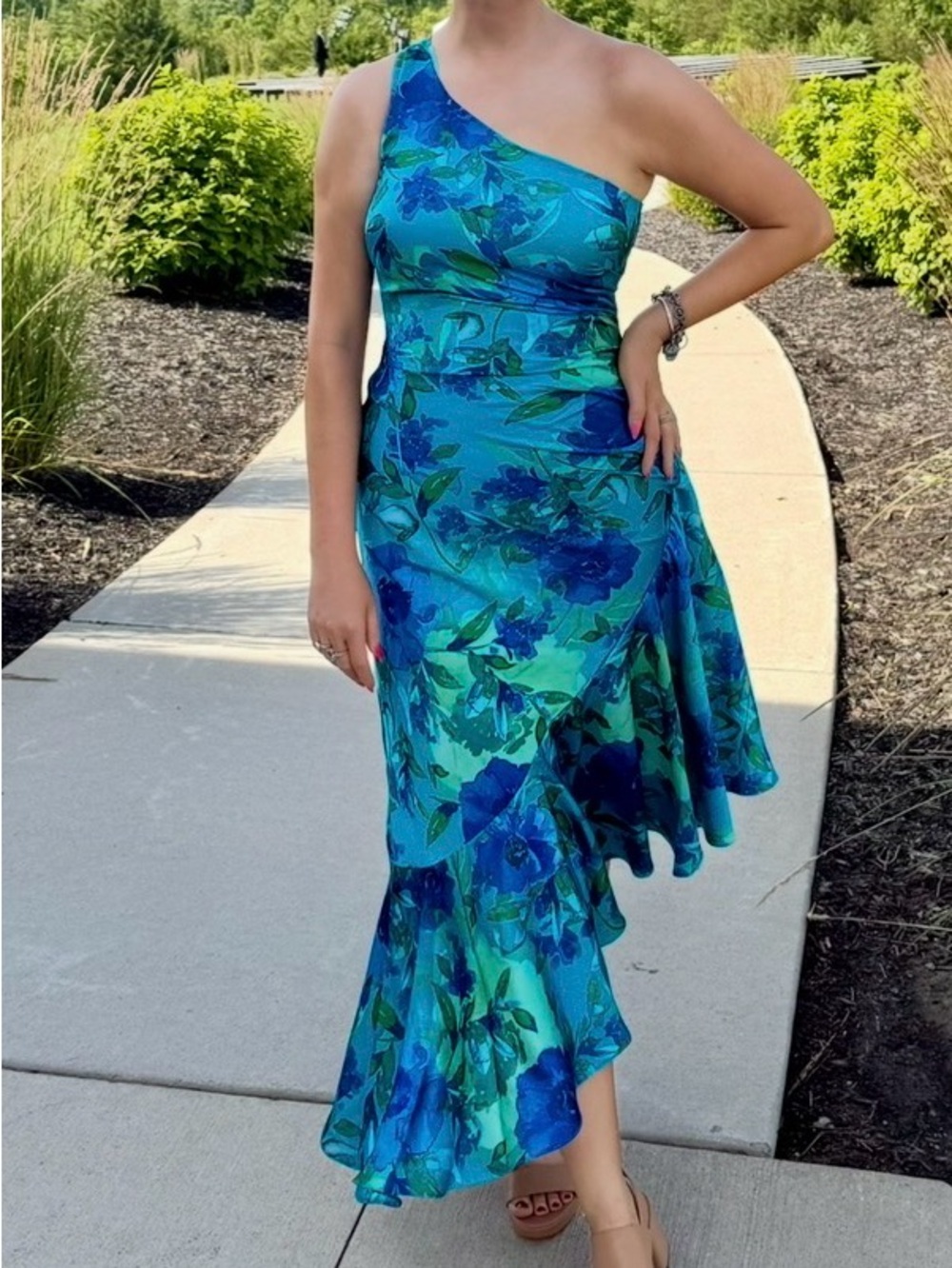 Eliza J One Shoulder Floral Midi Dress Blue Teal Wedding Guest Size 8